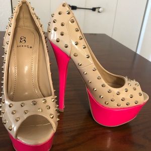 Hot pink and cream spiked heels